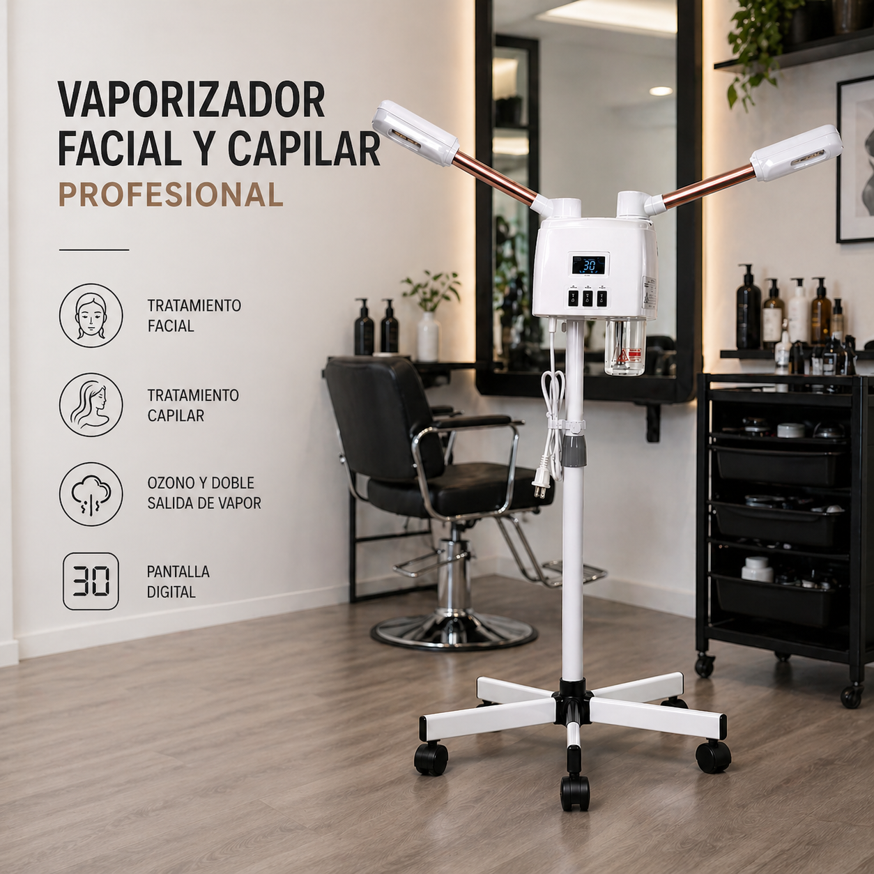 Vaporizador Facial y Capilar Profesional con Ozono y Pantalla Digital